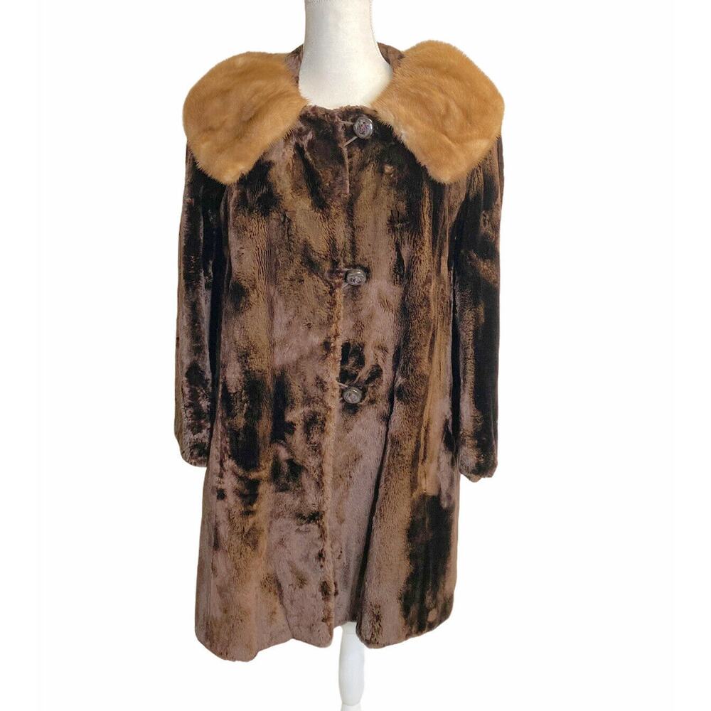 Vtg women real Fur leather midi Length Coat button front collared brown